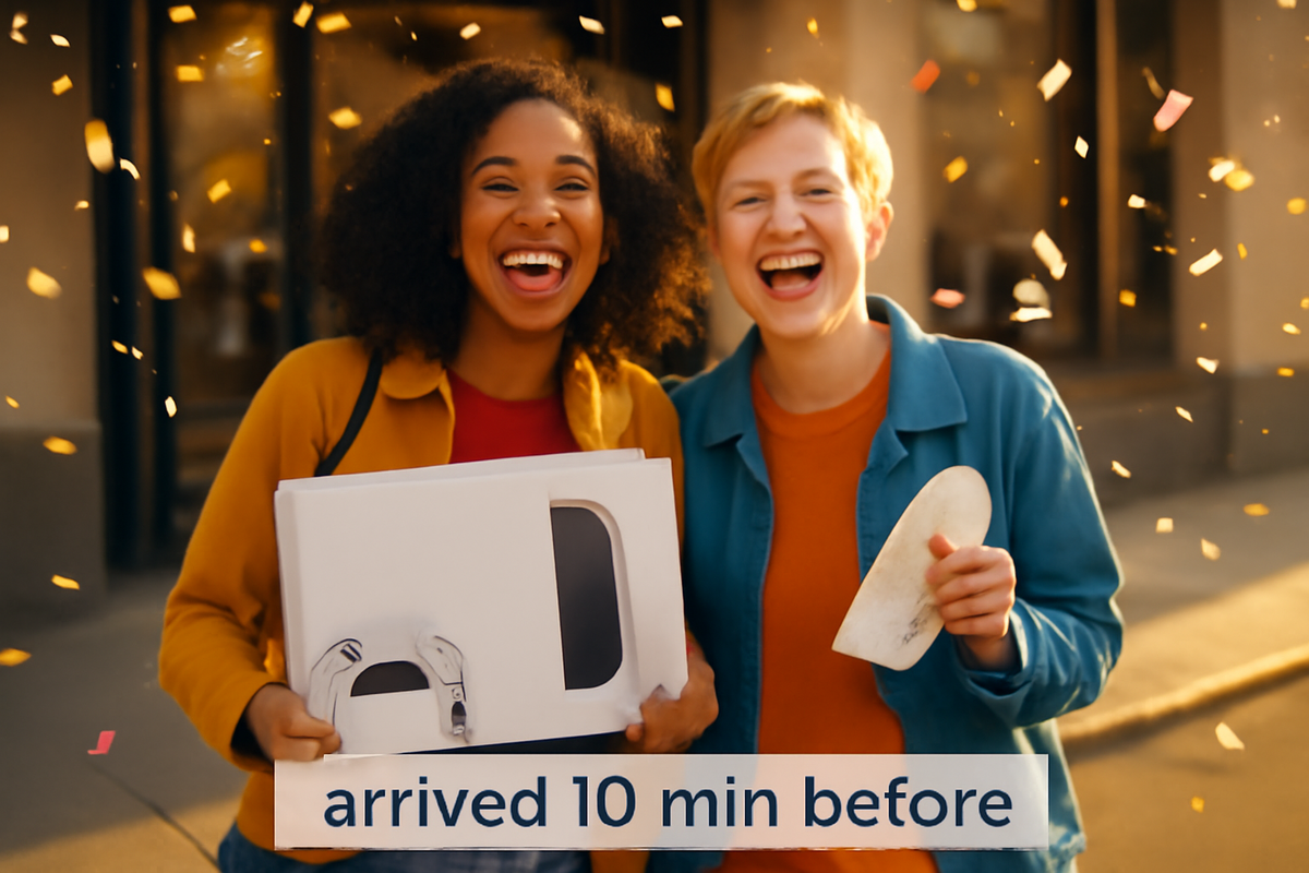 Two thrilled shoppers under confetti holding a generic console box and a claim ticket—arrived 10 minutes early and won the Switch2; pure relief and victory