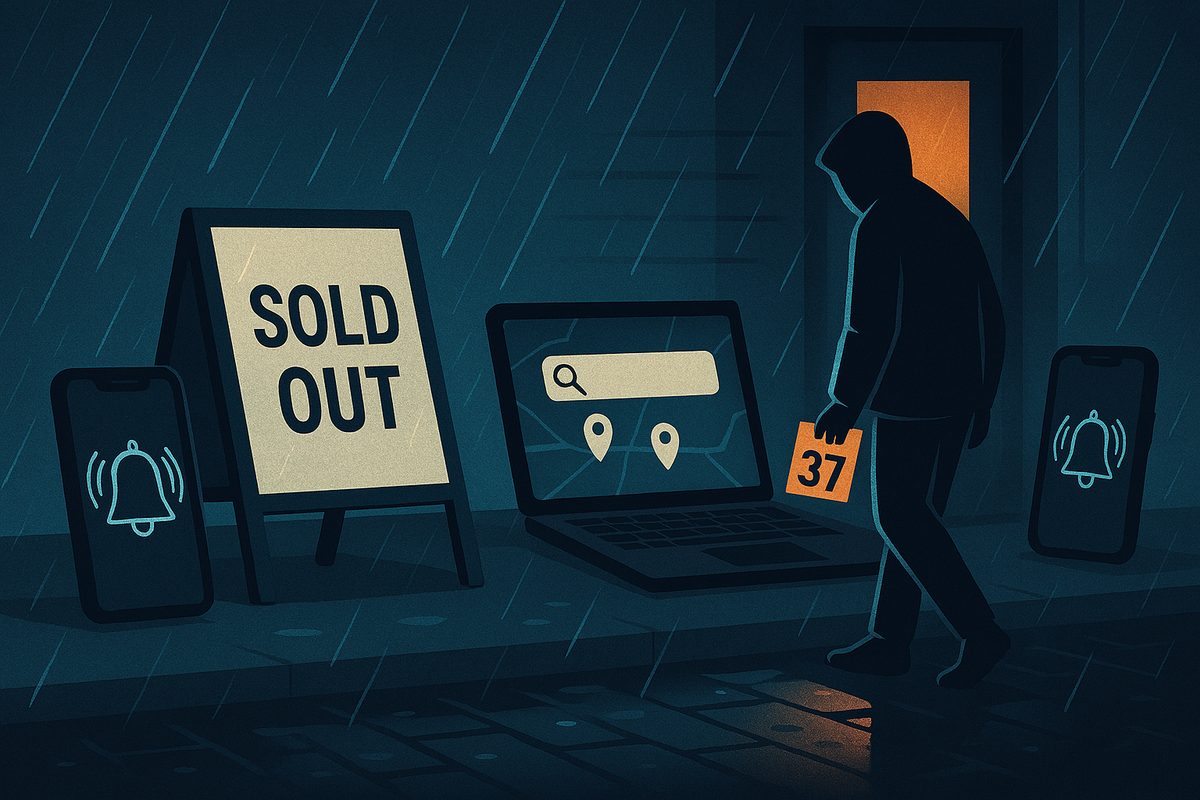 Rain-soaked sidewalk: big SOLD OUT sign, laptop map search, alerting phones, lone buyer with late #37 ticket—the sting of failure turning into resilient strategy