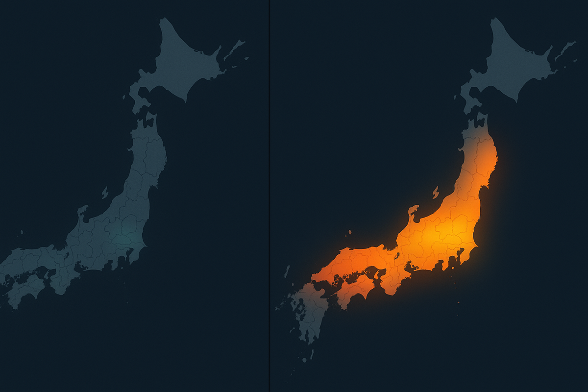 Side-by-side Japan heatmap—left quiet, right glowing from Kinki to Kanto—wave of Switch2 restock reports sweeping across regions, momentum surging