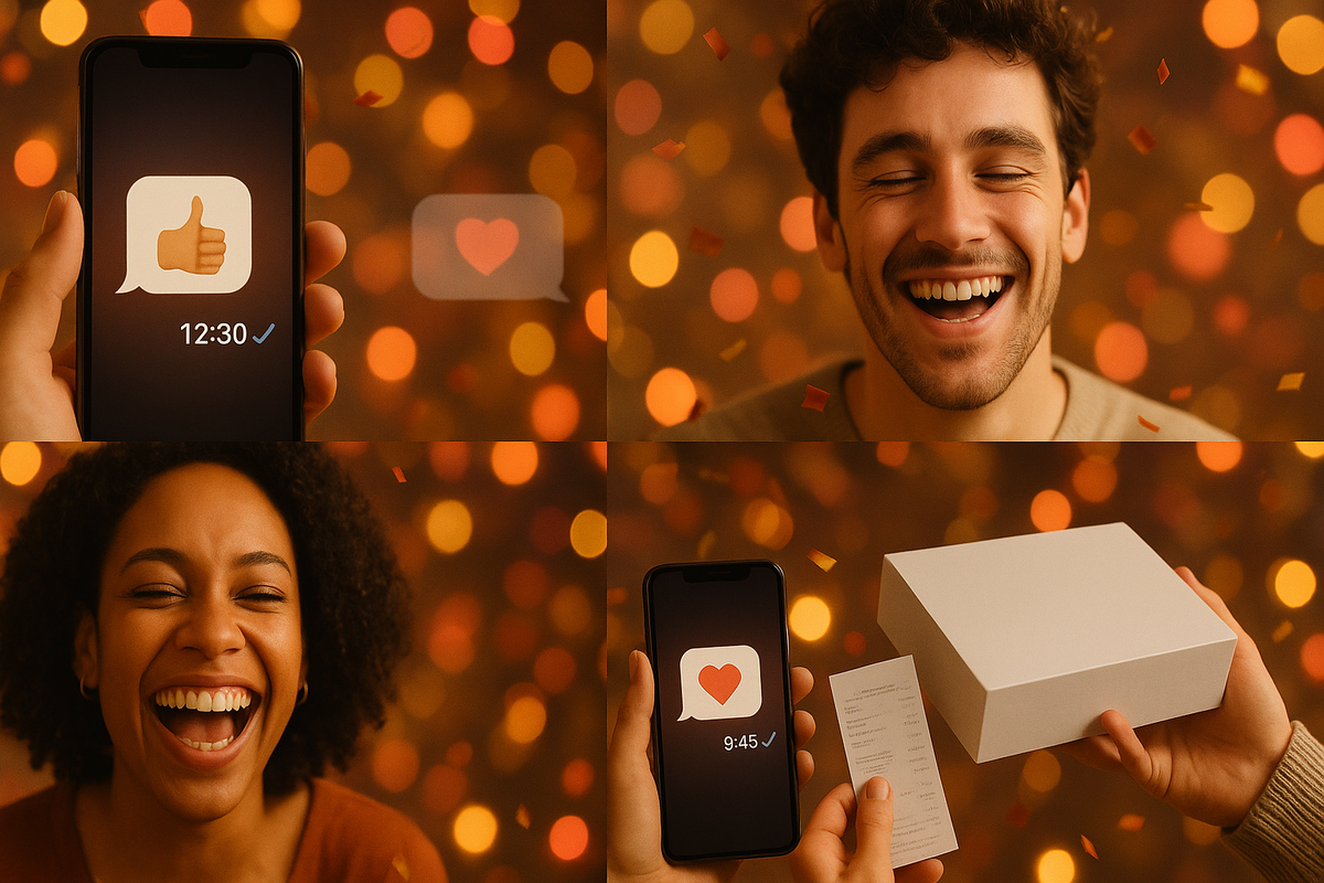 Four-panel celebration—alert times on phones, beaming faces, receipt and plain box—real Switch2 purchase wins captured in warm, confetti-lit joy
