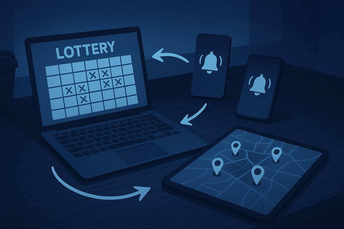 Night-owl strategy desk—lottery calendar on laptop, phones chiming, tablet map pins—multi-route plan to boost Switch2 odds with calm, focused intent