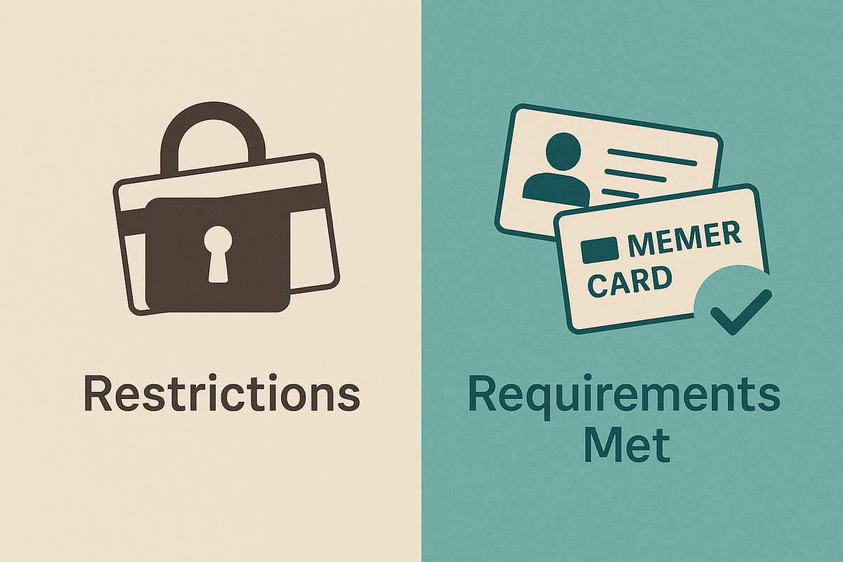 Rules explainer split—strict card with padlock vs member card + ID with check—Switch2 purchase requirements made clear, anxiety melting into clarity