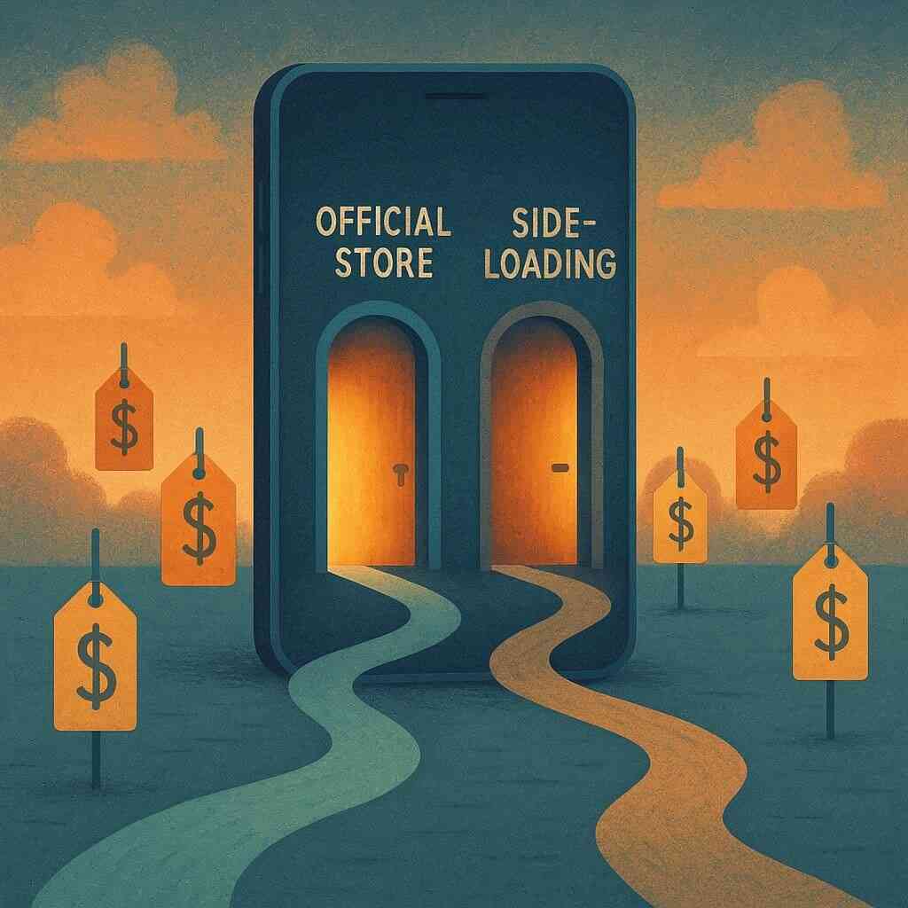 Two doors on a phone: Official Store vs Sideloading — empowering choice, wider app options, price pressure ahead; excitement with a careful mindset