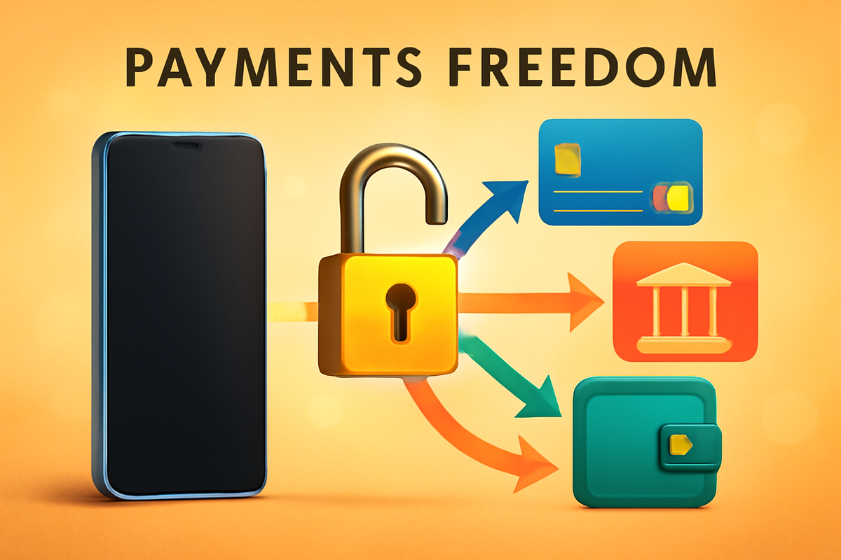 Payments freedom unlocked — padlock opens and arrows to cards, banks, wallets; goodbye heavy platform fees, smoother checkout, hopeful savings for users
