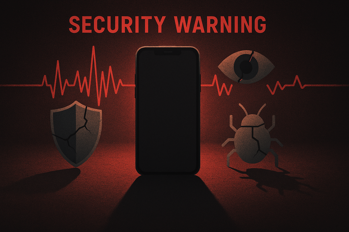Security warning for the new era — dark phone with cracked shield, bug and watchful eye; malware and phishing risks surge, protect privacy with vigilance