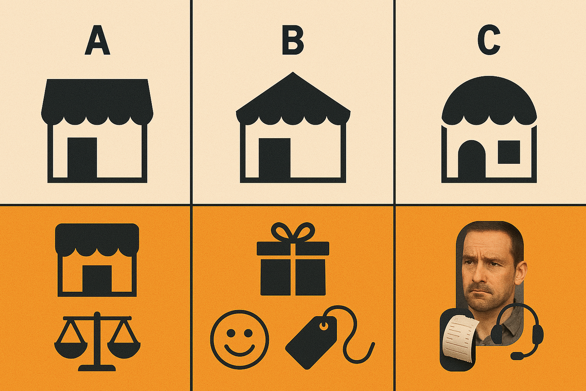 Side-by-side retailer comparison grid—Store A/B/C perks, rebate rate, price, and support—decisive, no-nonsense visual to choose the best upgrade deal