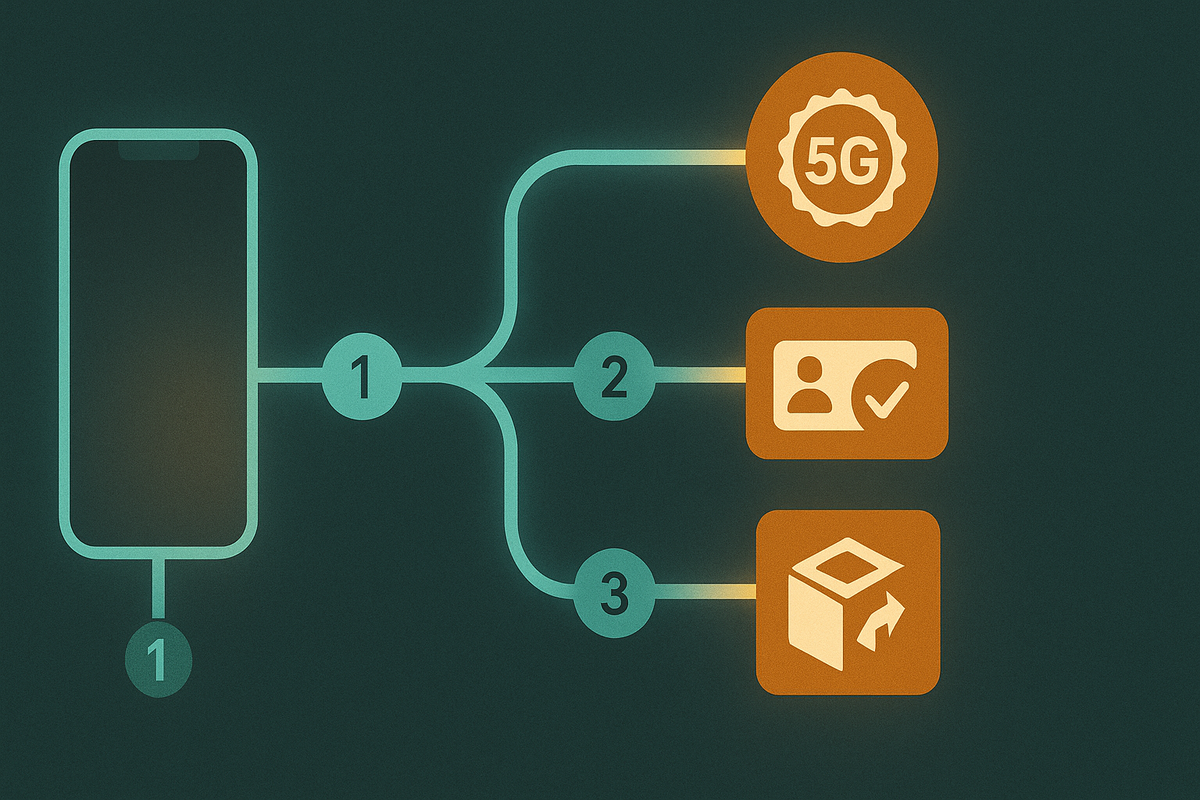Clear upgrade flowchart—5G upgrade bonus → ID check → trade-in assessment—actionable step-by-step guide for applying au official promos at Edion