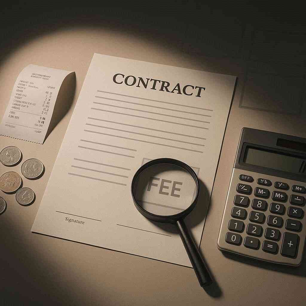 Contract under a magnifying glass with “FEE,” receipt, coins, and calculator—true cost breakdown of down payment, admin fees, and hidden charges