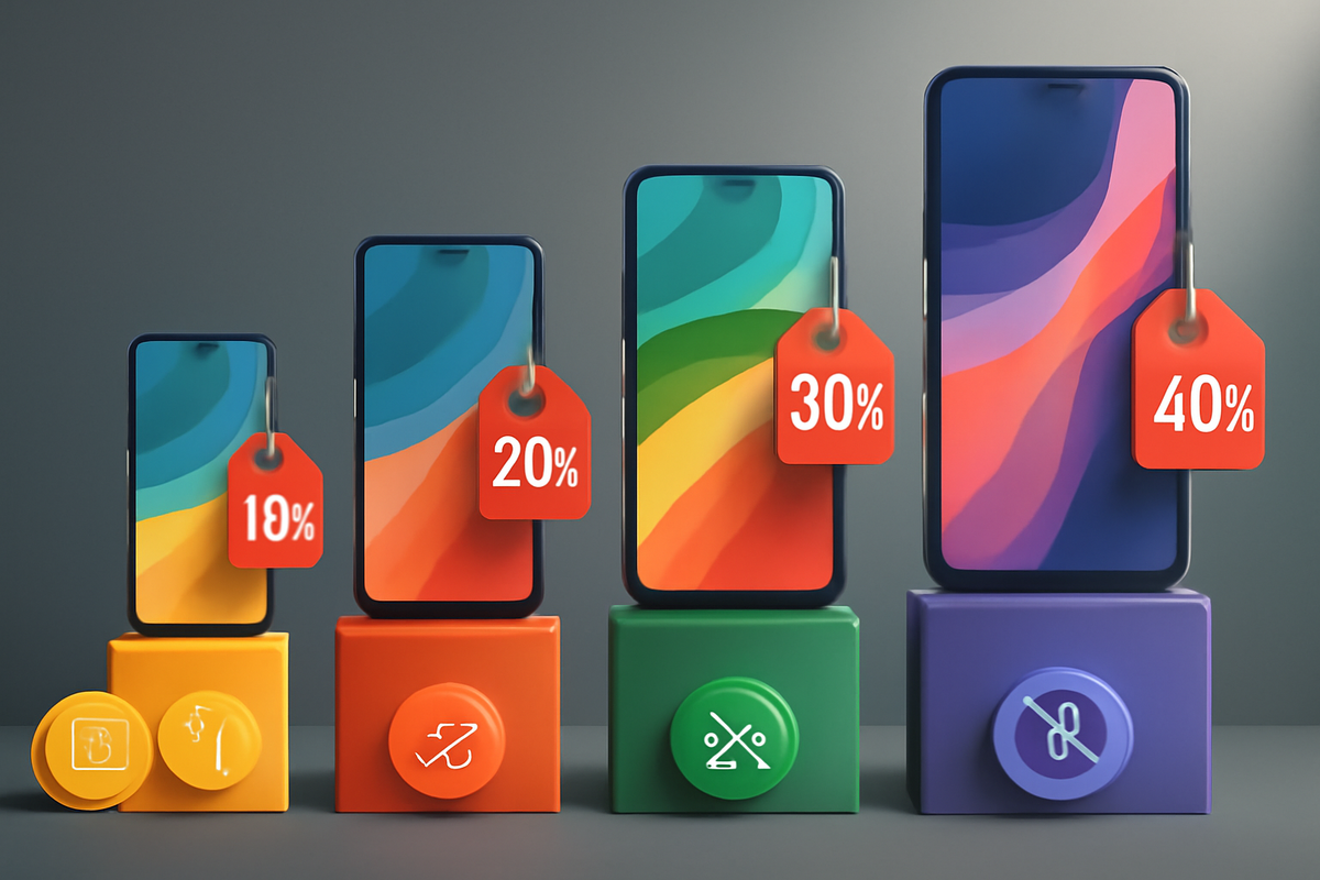 Four smartphones with 10–40% red tags on pedestals—model-specific discount ladder comparing iPhone and Android deal tiers at a glance, thrilling savings