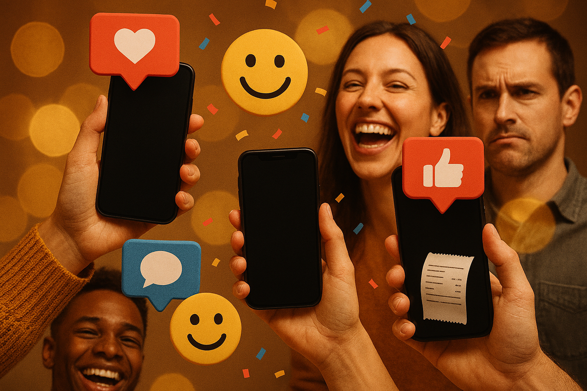 Hands holding phones with heart/like/chat icons and a receipt—real SNS reviews: cashback joy, friendly service, and caution notes—authentic social proof