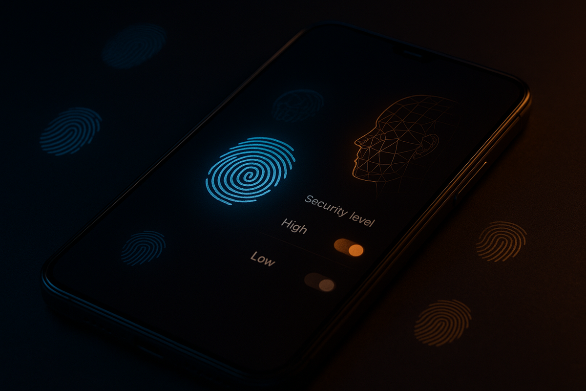 Pixel 9a biometrics setup—glowing fingerprint and face mesh with security level High—sleek night tones, confident privacy vibes, pro tips energy for rock-solid, worry-free unlocking