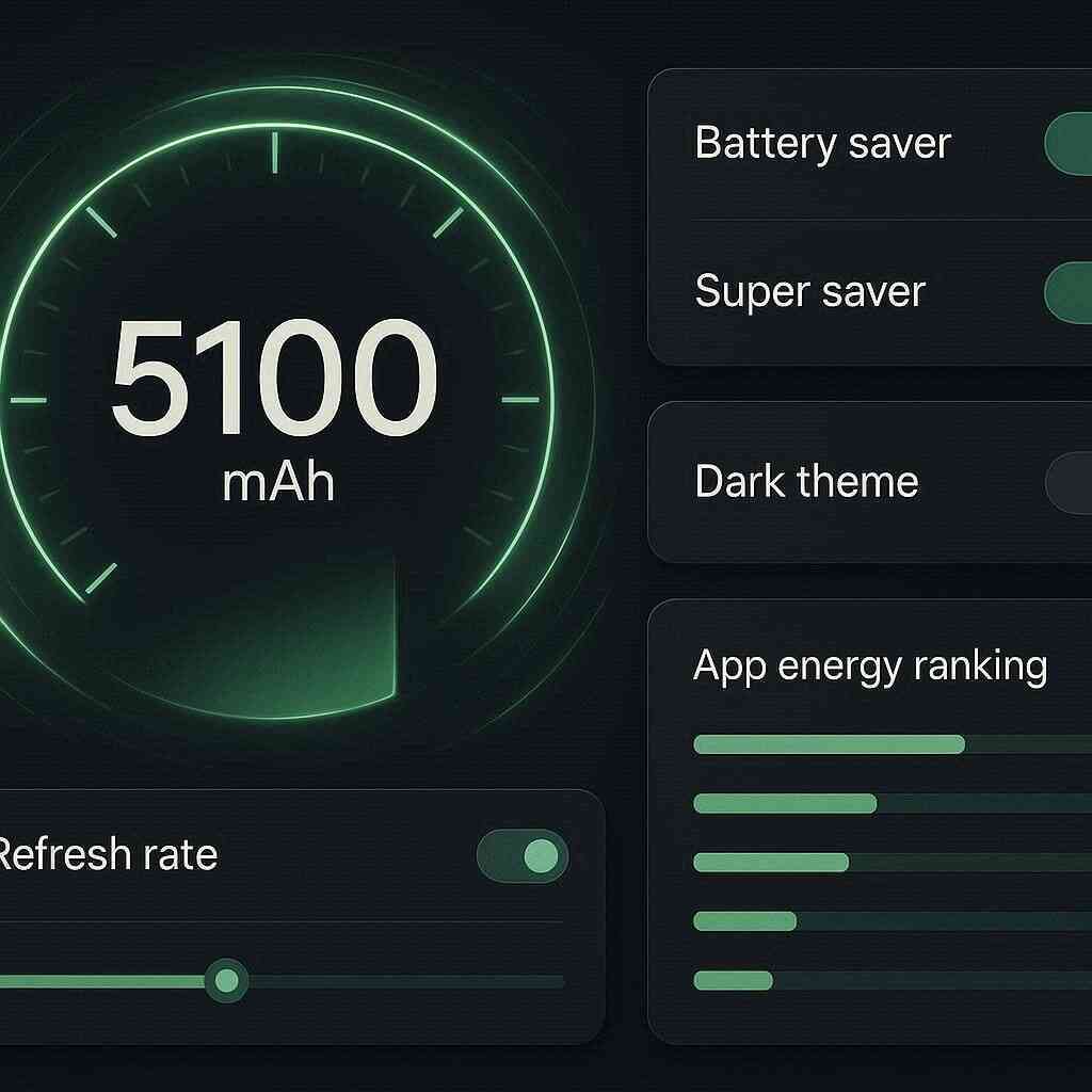 Pixel 9a battery optimization dashboard—huge 5100 mAh gauge, battery saver/super saver, dark theme, refresh rate, app energy ranking—quiet power for all-day endurance and peace of mind