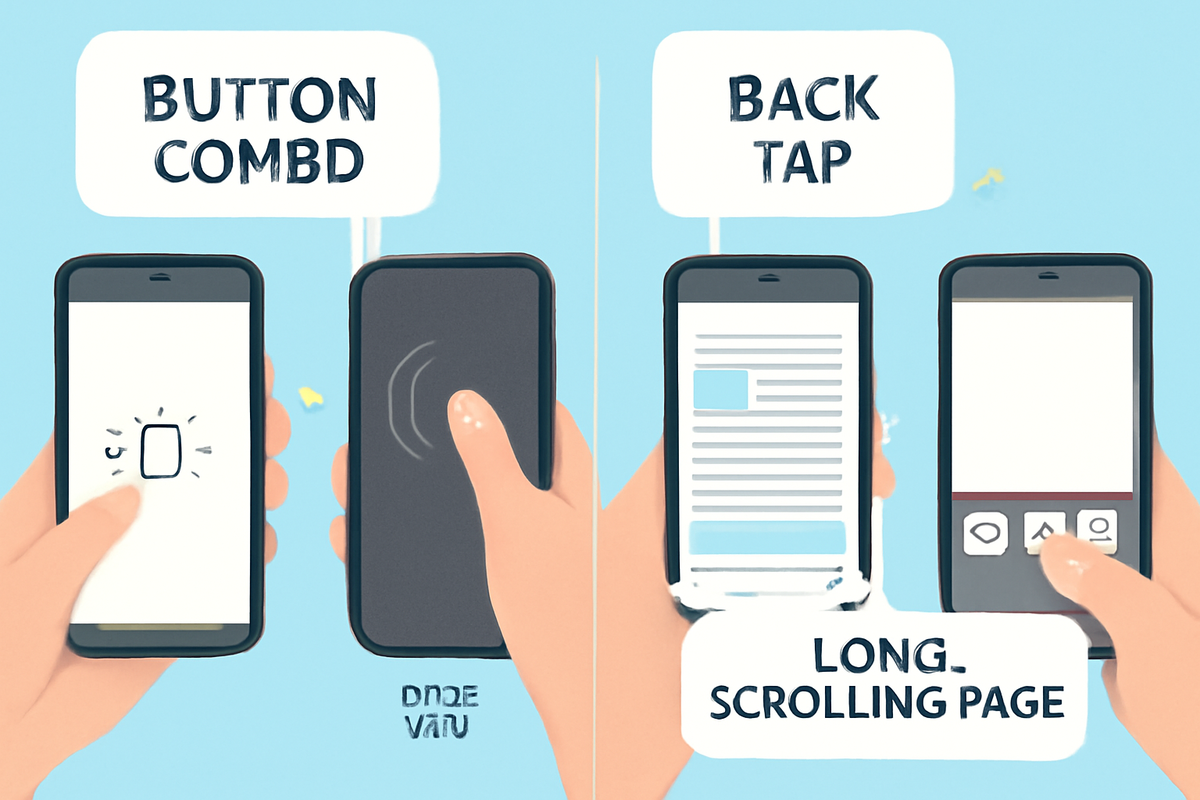 Pixel 9a screenshot tricks—button combo, Quick Tap (back tap), and long scrolling capture—friendly how-to panels that scream effortless, time-saving productivity joy
