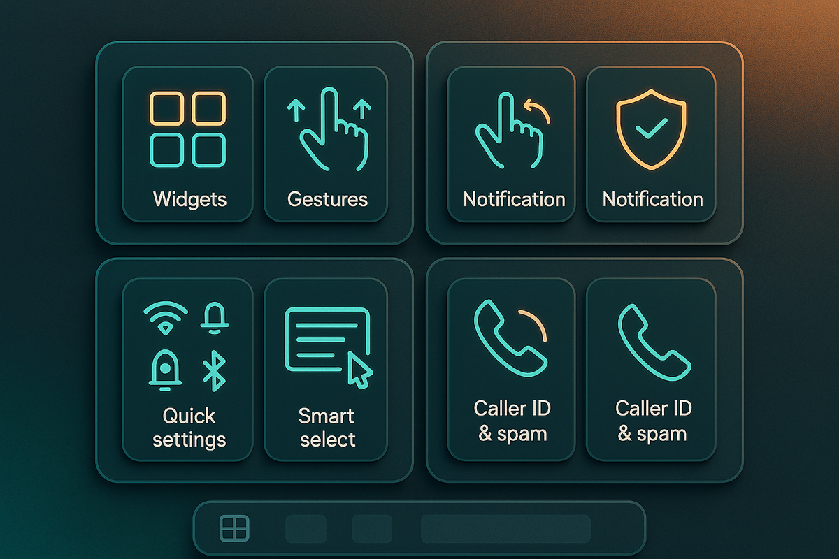 Android on Pixel 9a power tools—widgets, gestures, notification control, quick settings, smart select, caller ID & spam—clean neon tiles radiating control, customization, and everyday delight