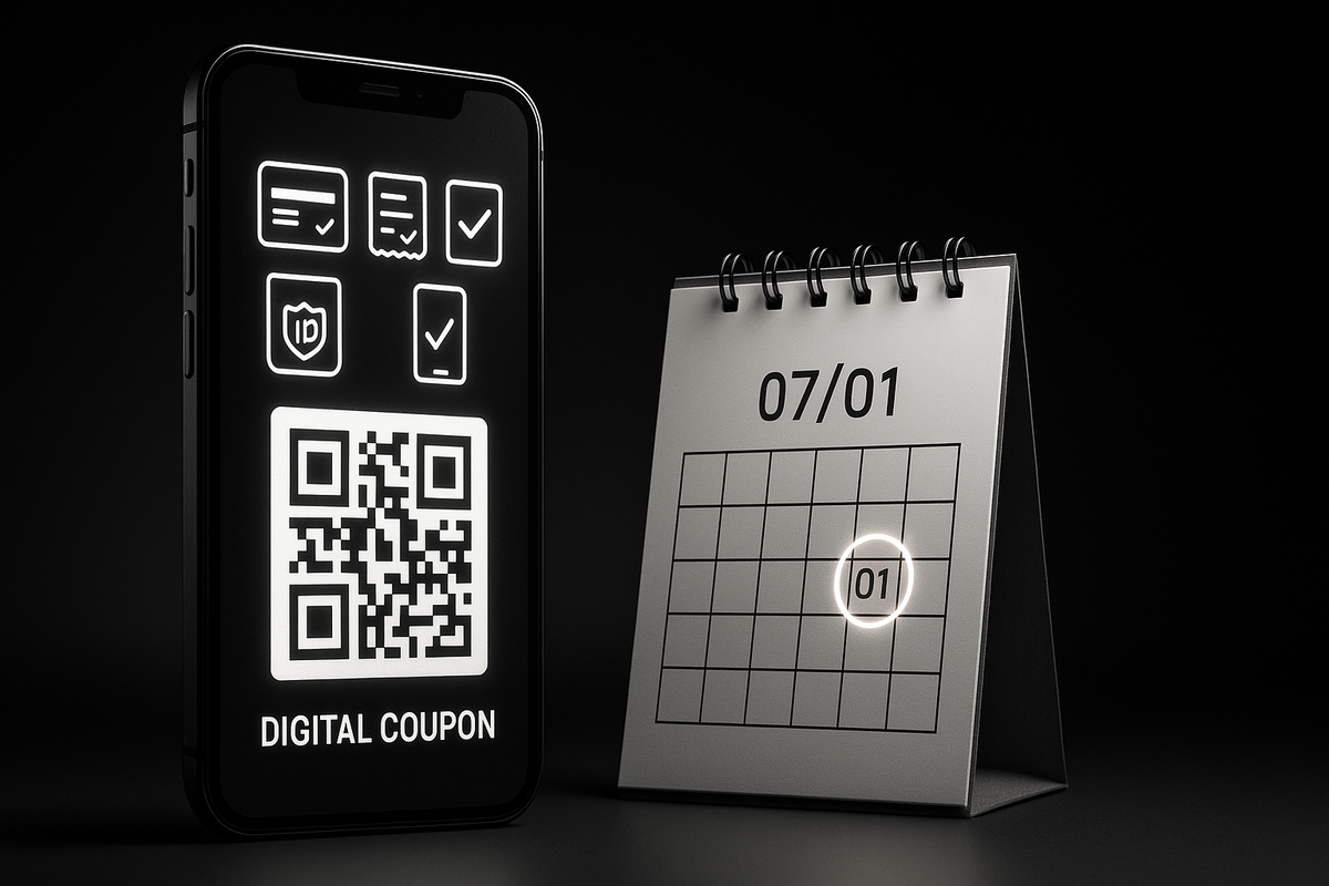 Monochrome digital coupon QR beside 07/01 calendar—how to qualify for GEO Switch2 purchase-right coupon, must-meet checklist, app registered by July 1, strict anti-resale vibe