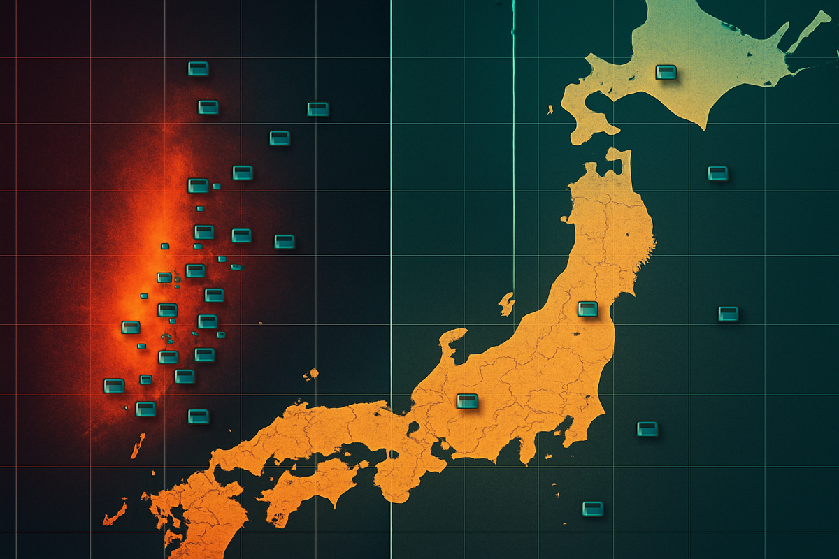 Data-rich Japan grid heatmap with store markers—regional stock reality for Switch2: big-city pressure vs local breathing room, racing bundle vs standard demand split, clear overview