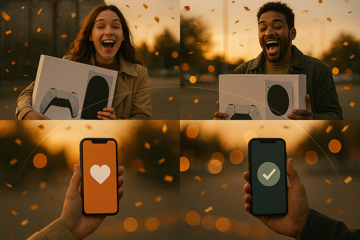 Joyful four-panel collage—smiling buyers with new consoles and phones showing heart/check icons; 8/23 SNS “bought easily” success pattern, time-of-day difficulty, city vs rural gap
