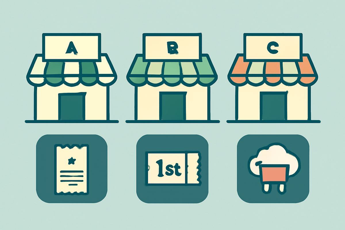 Friendly A/B/C storefront comparison—receipt, first-come ticket, and policy icons; GEO vs other retailers at a glance: lottery odds, rules, and real-world advantages