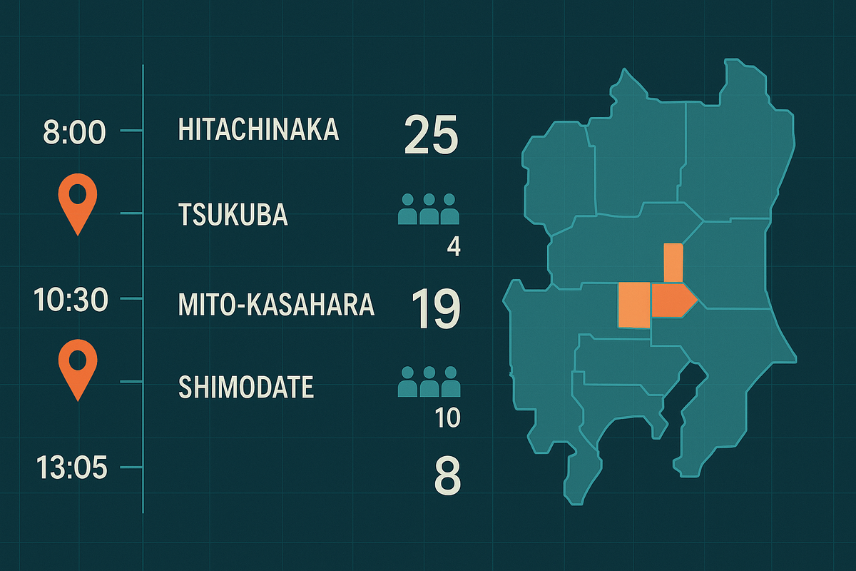Timeline dashboard beside an Ibaraki map—8:00 Hitachinaka 25 units, Tsukuba small queue, 10:30 Mito-Kasahara 19, 13:05 Shimodate 8—crystal-clear counts that spark confident action