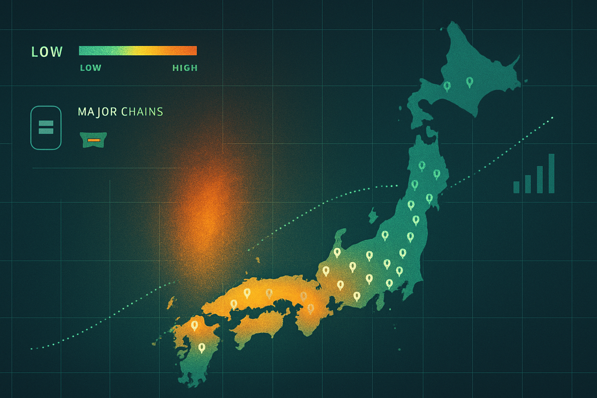 Japan heat map with store pins and an upward dotted trend—major chains vs regional shops—nationwide Switch2 availability rising from west to east, hopeful momentum and calm clarity