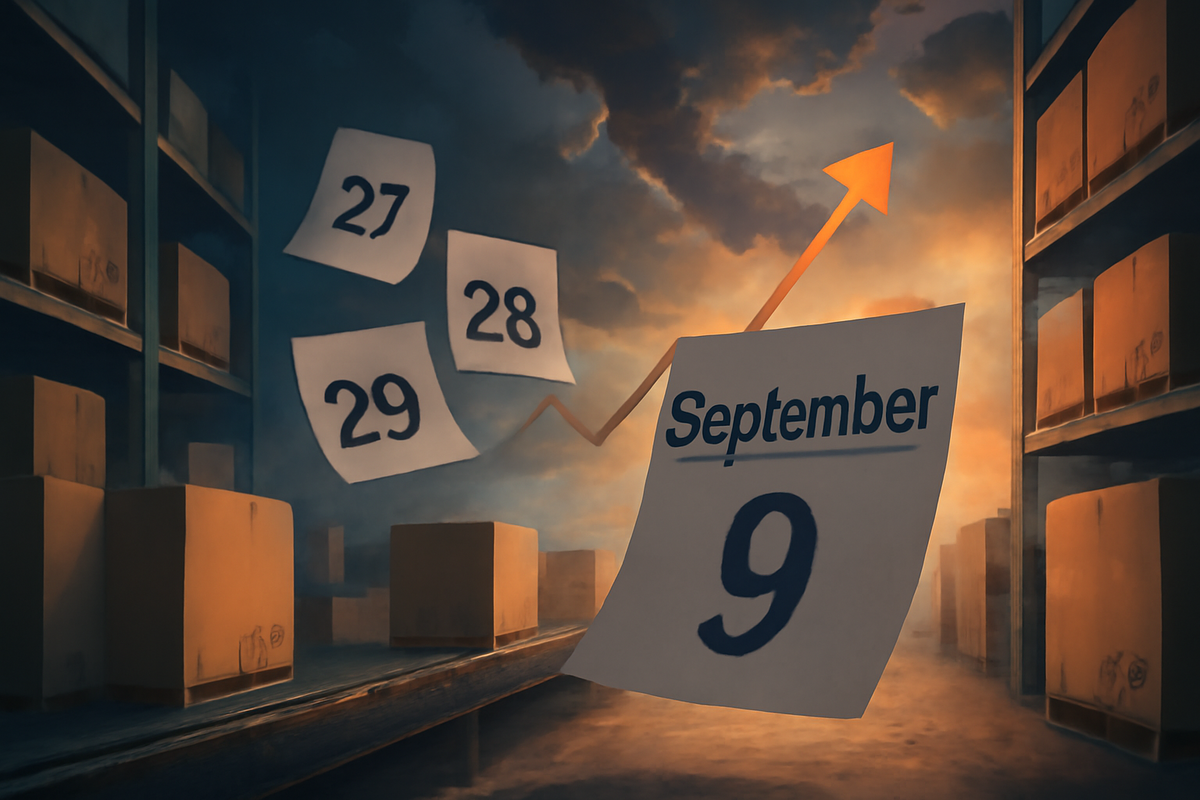 Cinematic warehouse with flying calendar pages and a soaring arrow toward “September 9”—restock forecast for Switch2 deliveries—anticipation, optimism, countdown excitement