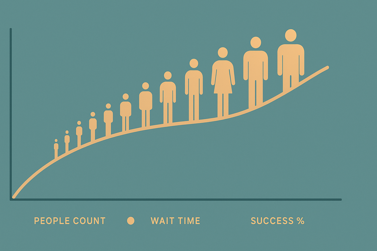 Queue curve made of growing people icons—people count vs wait time vs success rate for Switch2 lines—rising tension to hopeful payoff, crowd energy visual