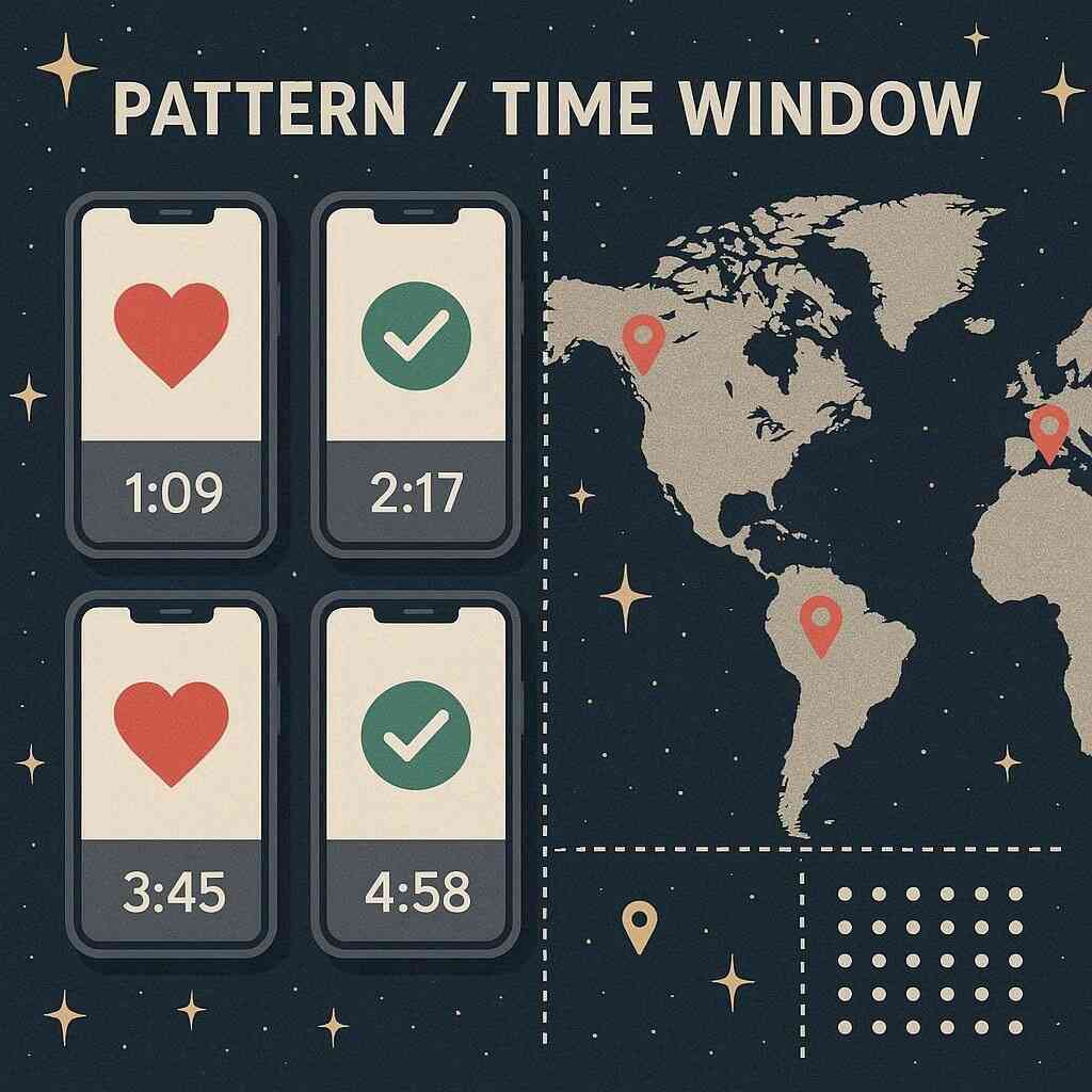Social-proof timeline—phone screens with heart/check icons and timestamps next to a pinned world map—“I got it!” posts reveal winning purchase windows for Switch2, data-driven joy