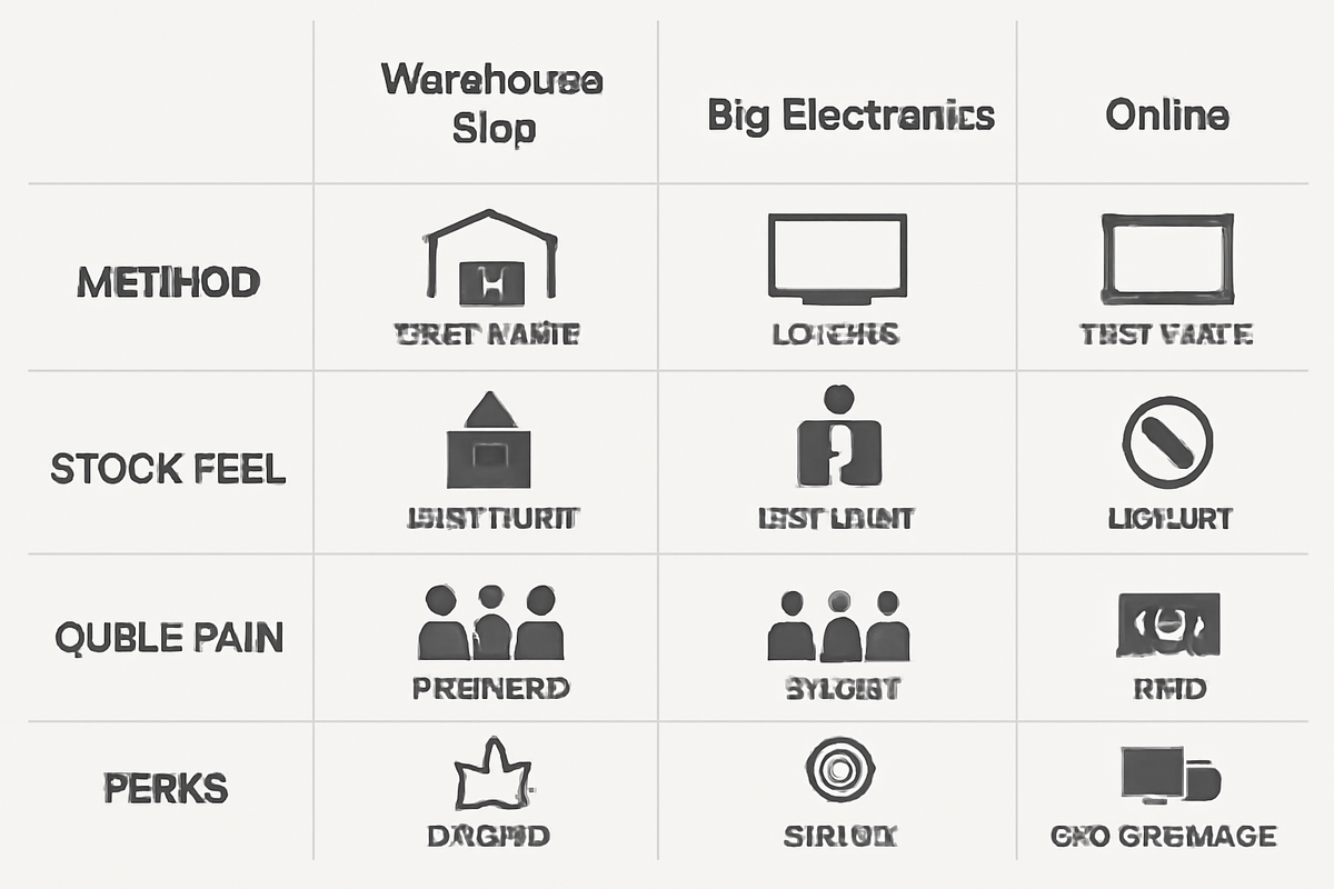 Clean comparison board—warehouse club vs big electronics vs online for Switch2—method, stock feel, queue pain, perks—decisive buyer’s cheat sheet with no-nonsense clarity