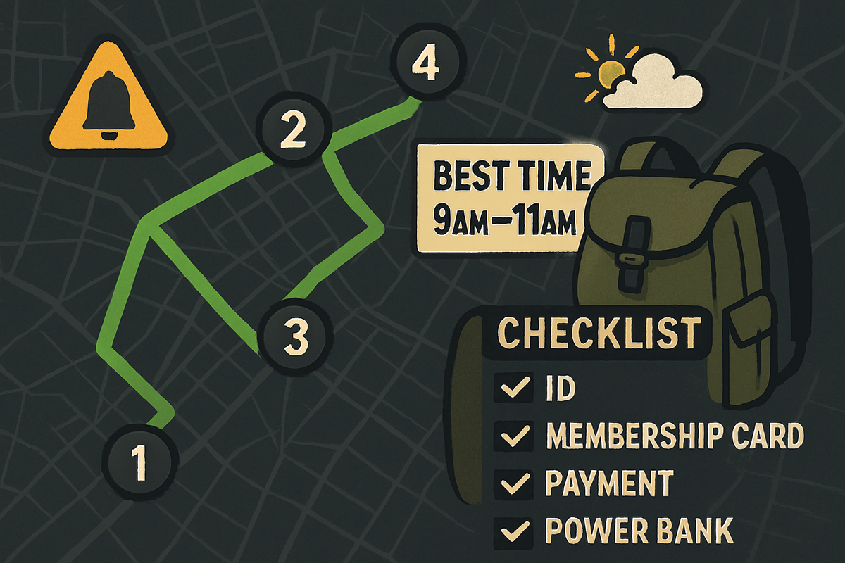 Tactical city route for a Switch2 run—numbered store hops, “Best time 9–11am,” alert triangle, backpack and checklist (ID, membership, payment, power bank)—mission-ready confidence
