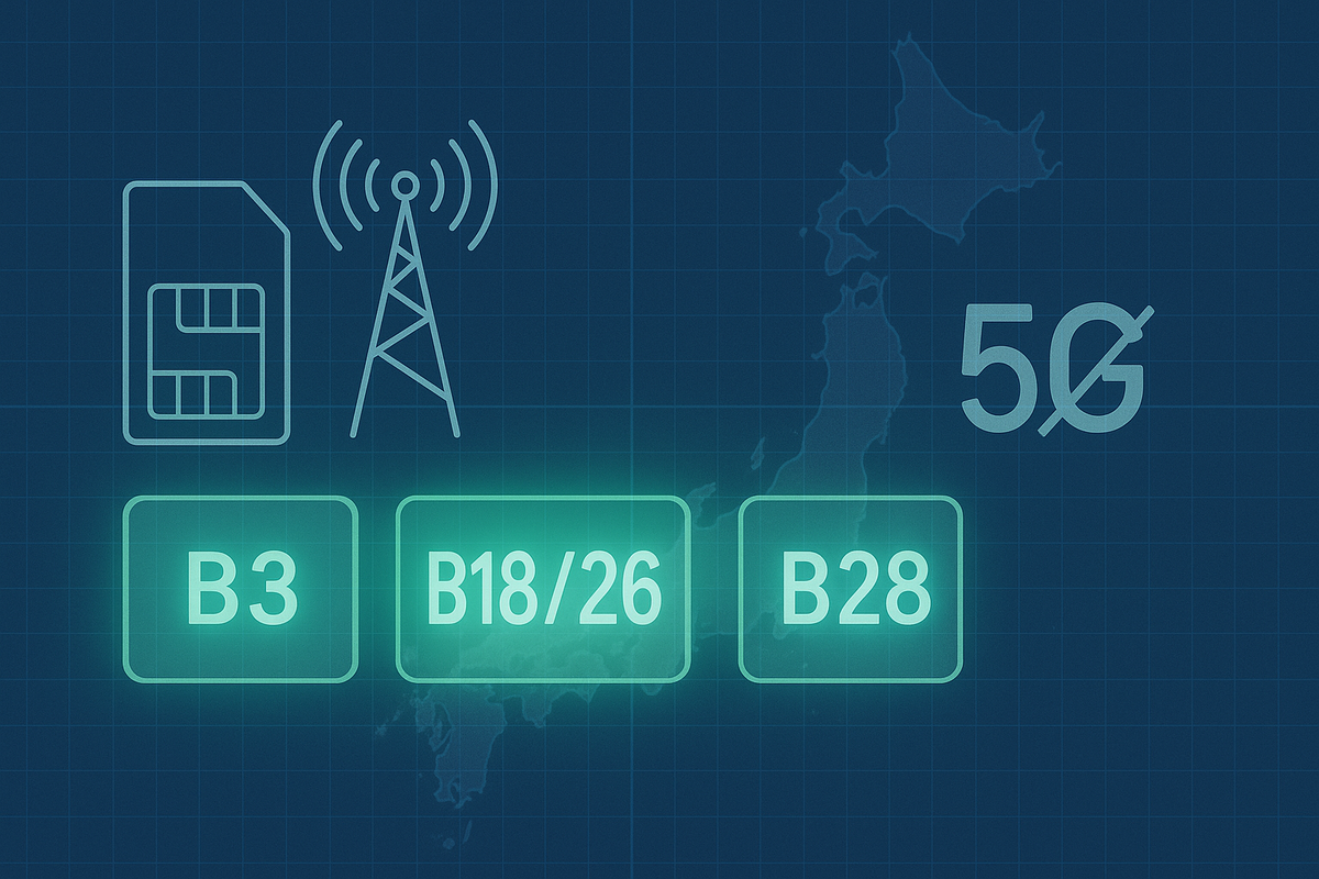 SIM + antenna with bright LTE bands B3 / B18/26 / B28 glowing over Japan, 5G crossed out—clear Rakuten compatibility check and honest caution