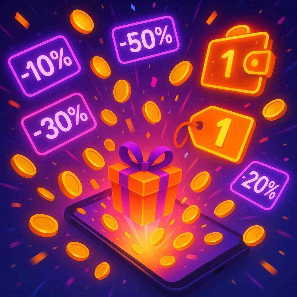 Explosive campaign energy—coins, percent tags and “1 yen” bursting from a phone—forecast of promos, MNP perks and juicy points-back excitement