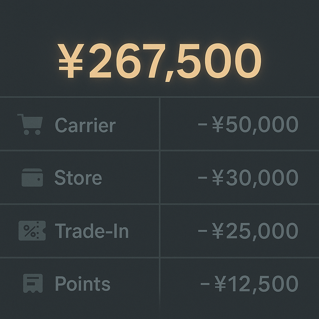 Price breakdown board—¥267,500 list minus carrier discount, store promo, trade-in, and points—realistic effective price math, money-saving thrill