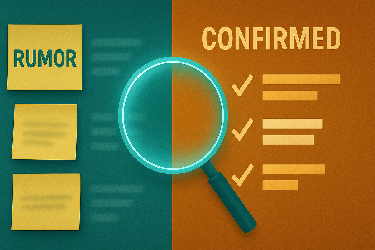 Rumor vs Confirmed split panel under a magnifying glass—leaks sifted into verified facts for dates, specs, and price—calm clarity, no-nonsense truth check