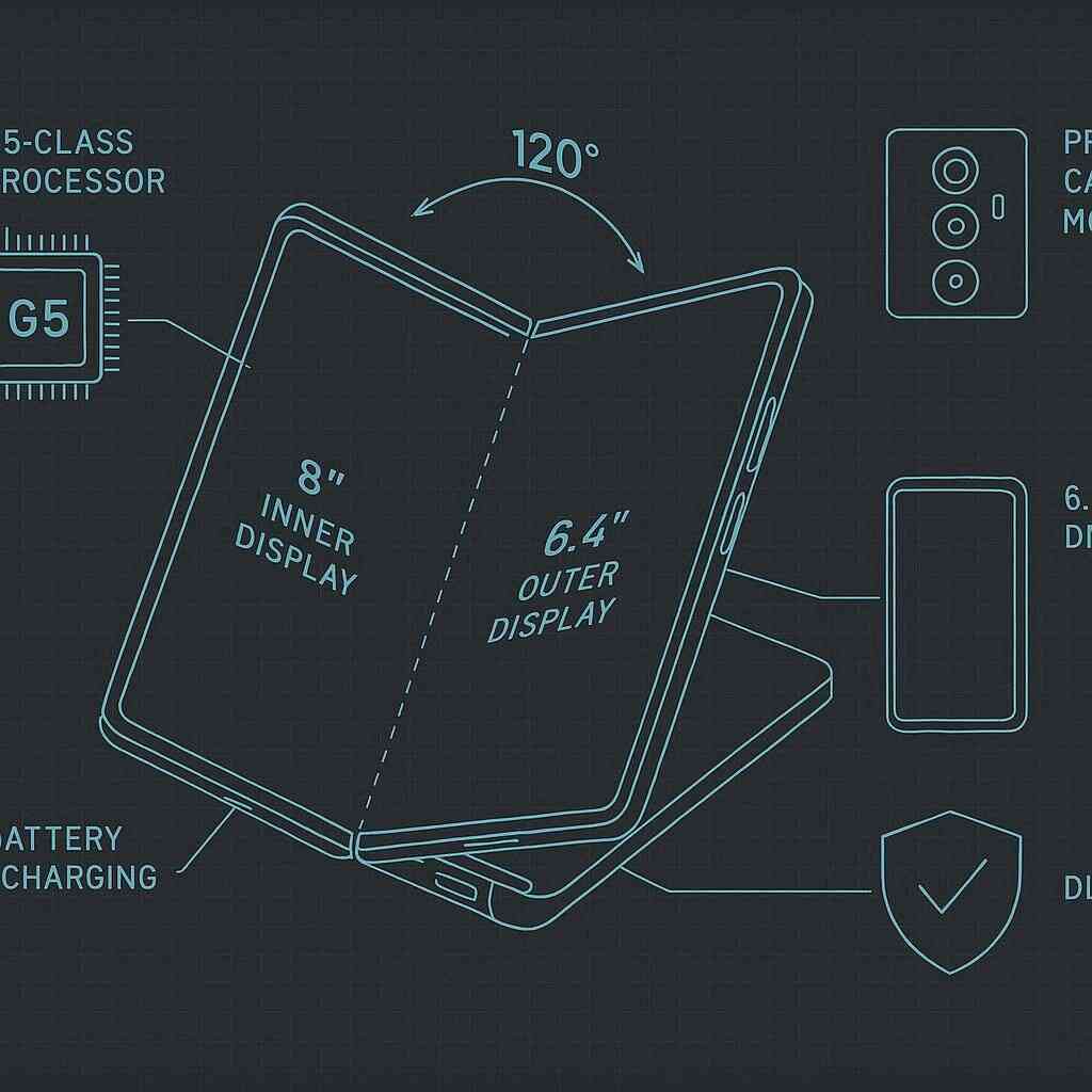 Blueprint diagram of a foldable—8" inner, 6.4" outer, 120° hinge, G-class chip, battery/charging, durability shield—engineer-grade spec map, satisfying detail