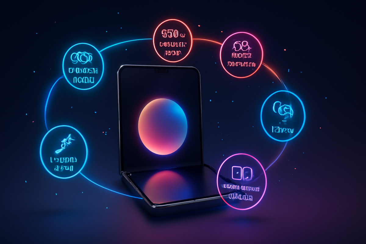 Foldable phone with a glowing orbit of AI features—Camera Coach, Auto Best Take, Add Me, Magic Cue, live translation, multitasking—future-ready wonder and delight