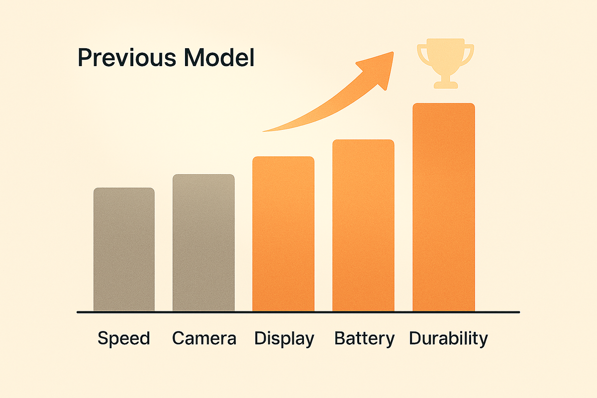 Upgrade bar chart vs previous model—speed, camera, display, battery, durability rising to a trophy—should-you-upgrade signal, rational joy