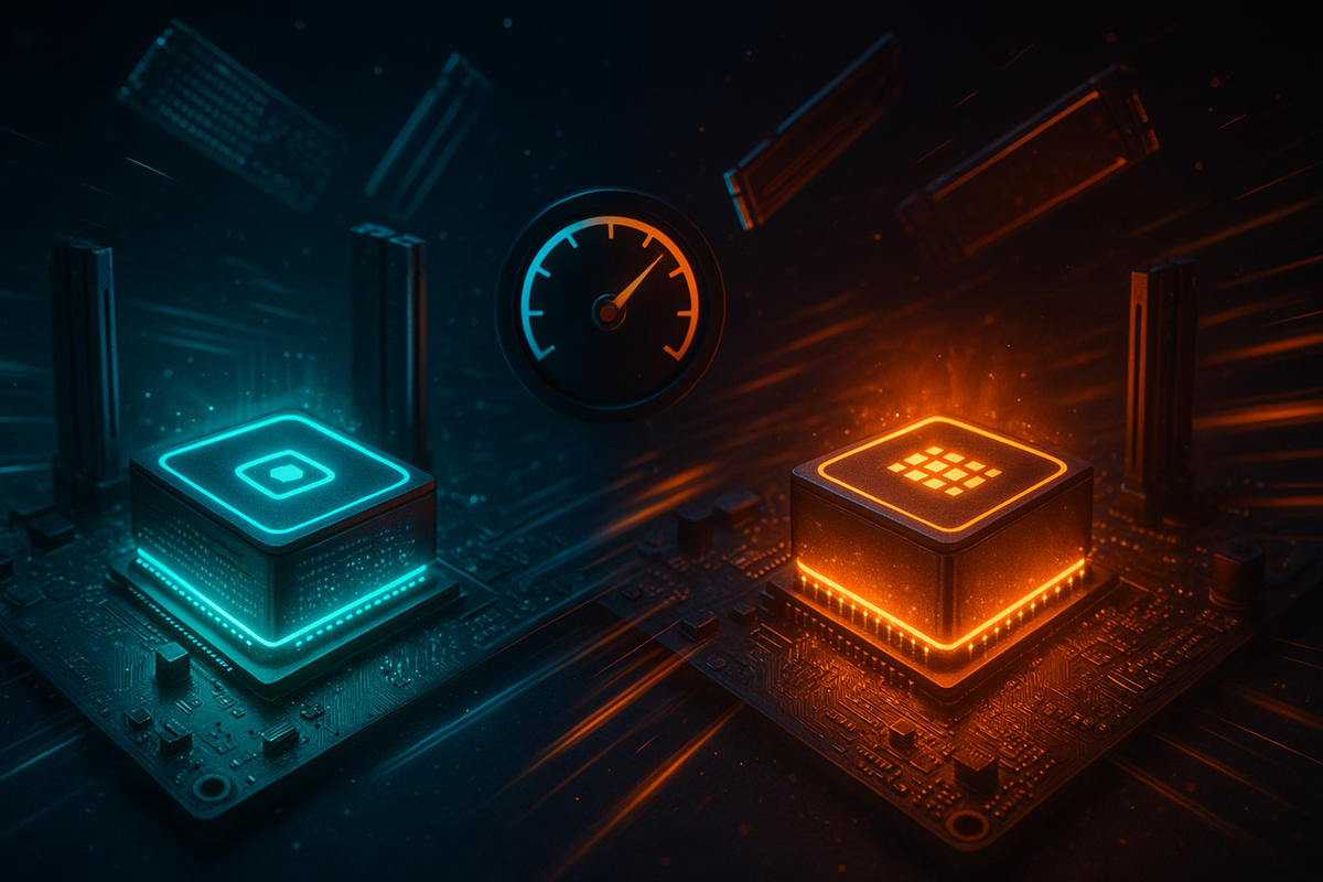 Futuristic chip showdown—neon Tensor G5 vs blazing Apple A19 processor, speed gauge exploding with energy—ultimate CPU performance clash, raw power unleashed