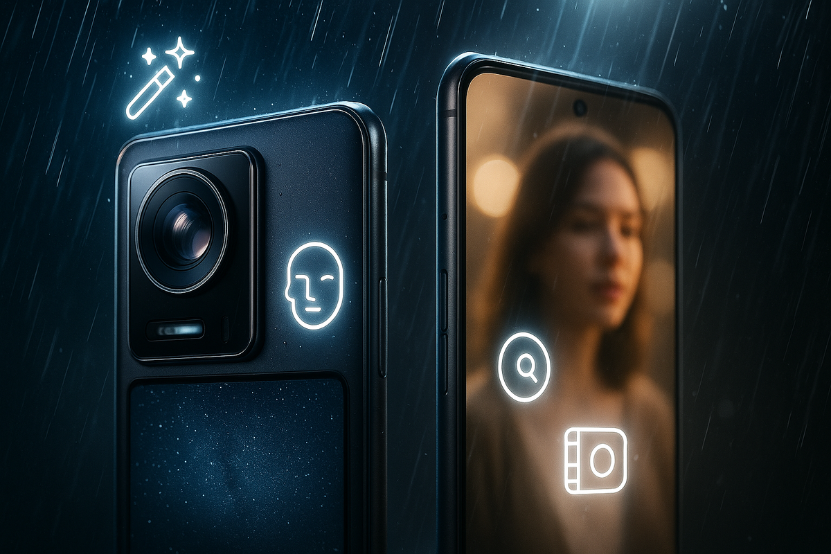 Close-up duel of smartphone cameras in rain—AI magic wand, face recognition, portrait glow—capturing emotions, sharper details, next-gen photo rivalry full of drama