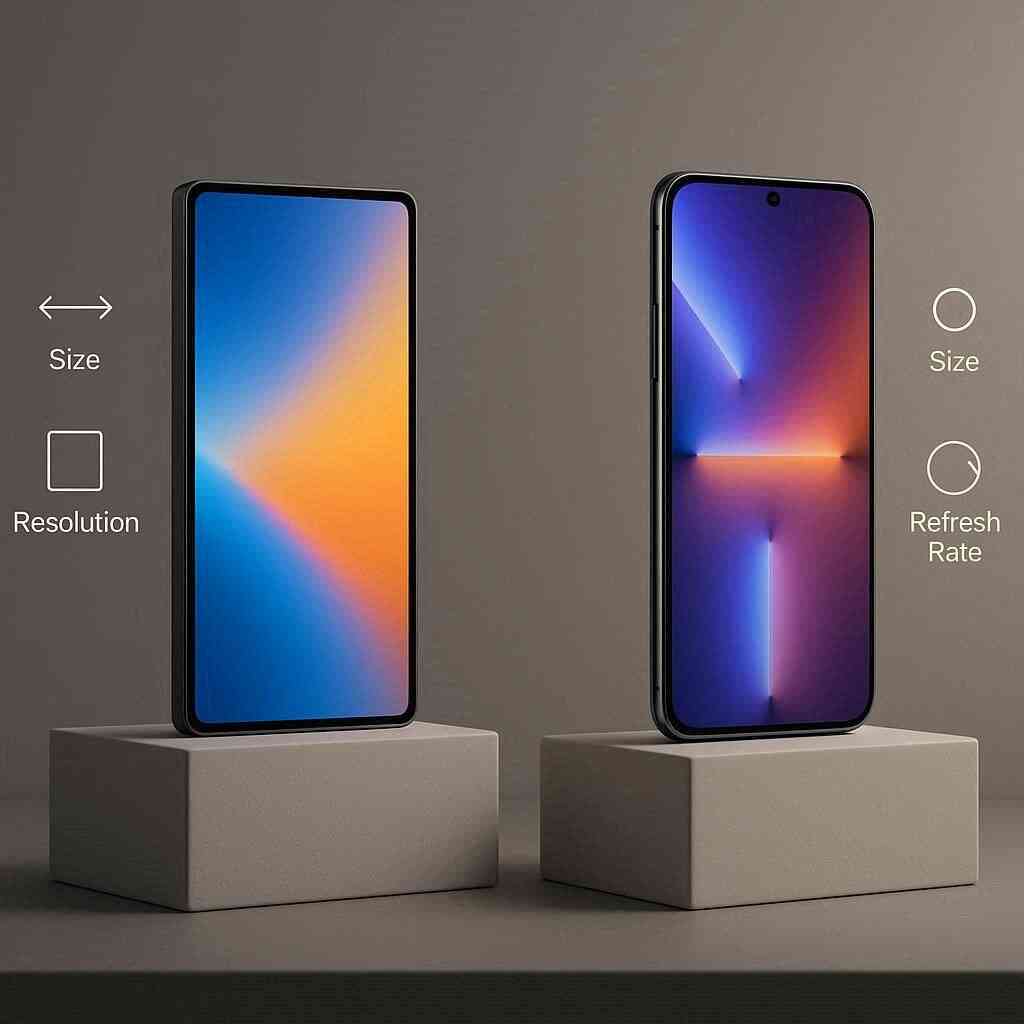 Side-by-side glowing displays on pedestals—size, resolution, refresh rate compared with elegance—Pixel 10 vs iPhone 17 design beauty face-off, sleek and irresistible