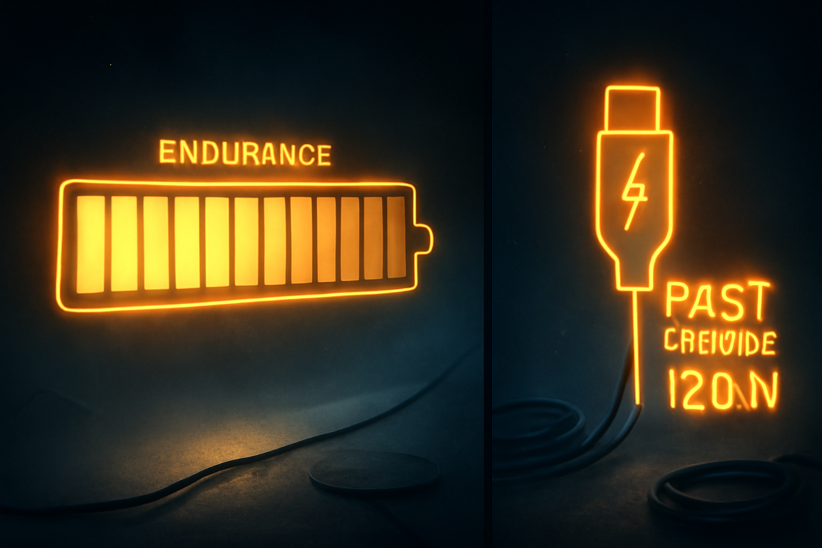 Neon endurance battery bar and glowing charging cable—powerful energy, lightning-fast recharge—epic battery life showdown sparking excitement and urgency