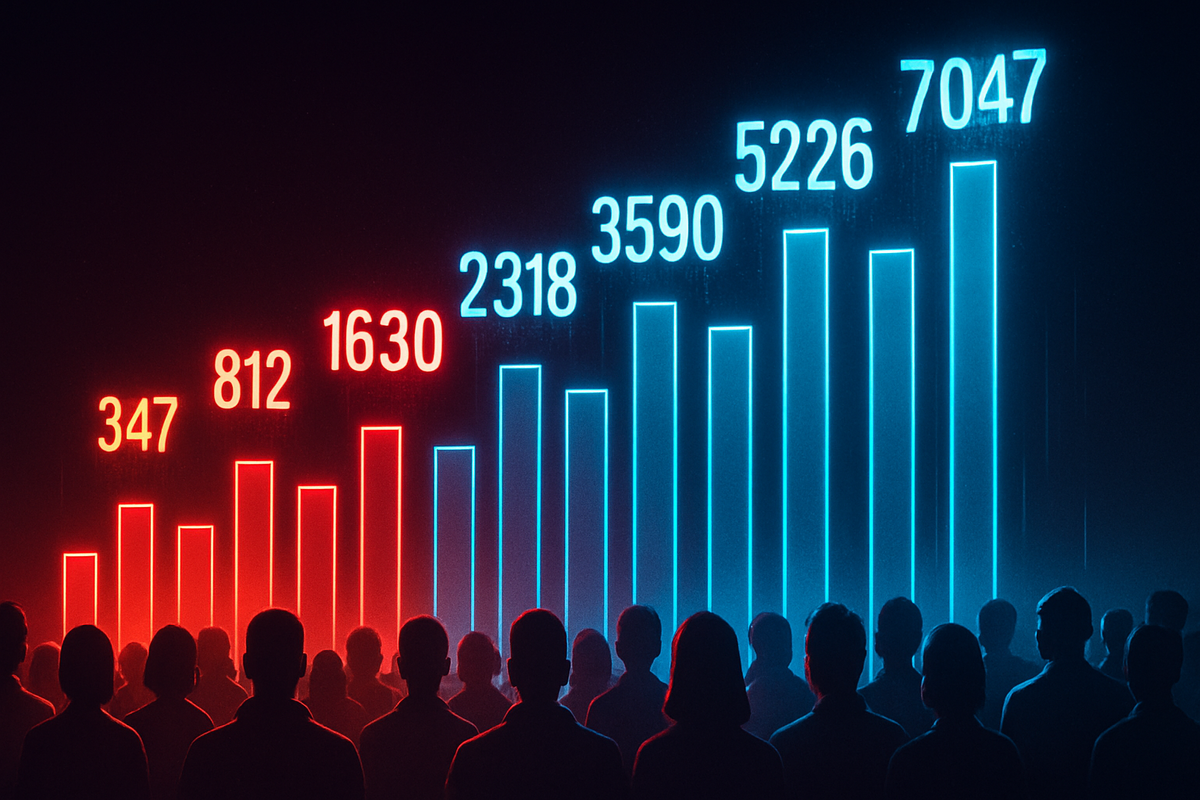 Crowd silhouettes under a rising red→blue bar chart with large entry numbers—Switch2 lottery applicants vs winners,倍率 curve, soaring demand, data-driven thrill