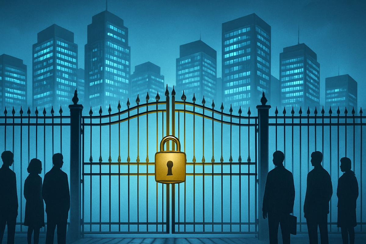 Tall corporate skyline behind a locked iron gate with people waiting—members-only access for Benefit Station, eligibility wall, exclusive yet daunting vibe