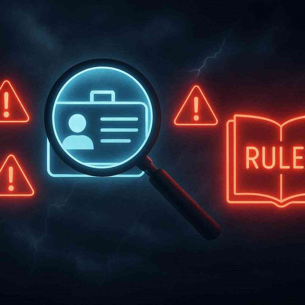 Magnifying glass over an ID card beside red warning triangles and a glowing rulebook—strict applicant rules, anti-resale checks, identity verification, high-stakes caution
