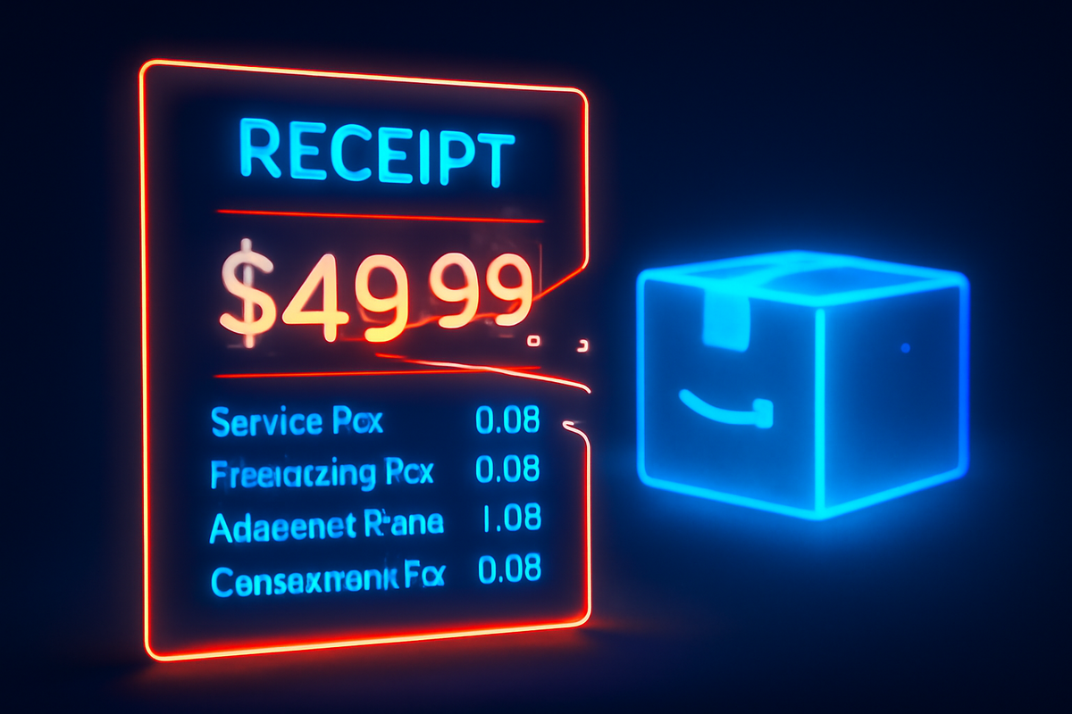 Glowing digital receipt with item price and shipping line next to a neon package—true Switch2 checkout cost, fees + ¥990 shipping, transparent wallet-pain vs value