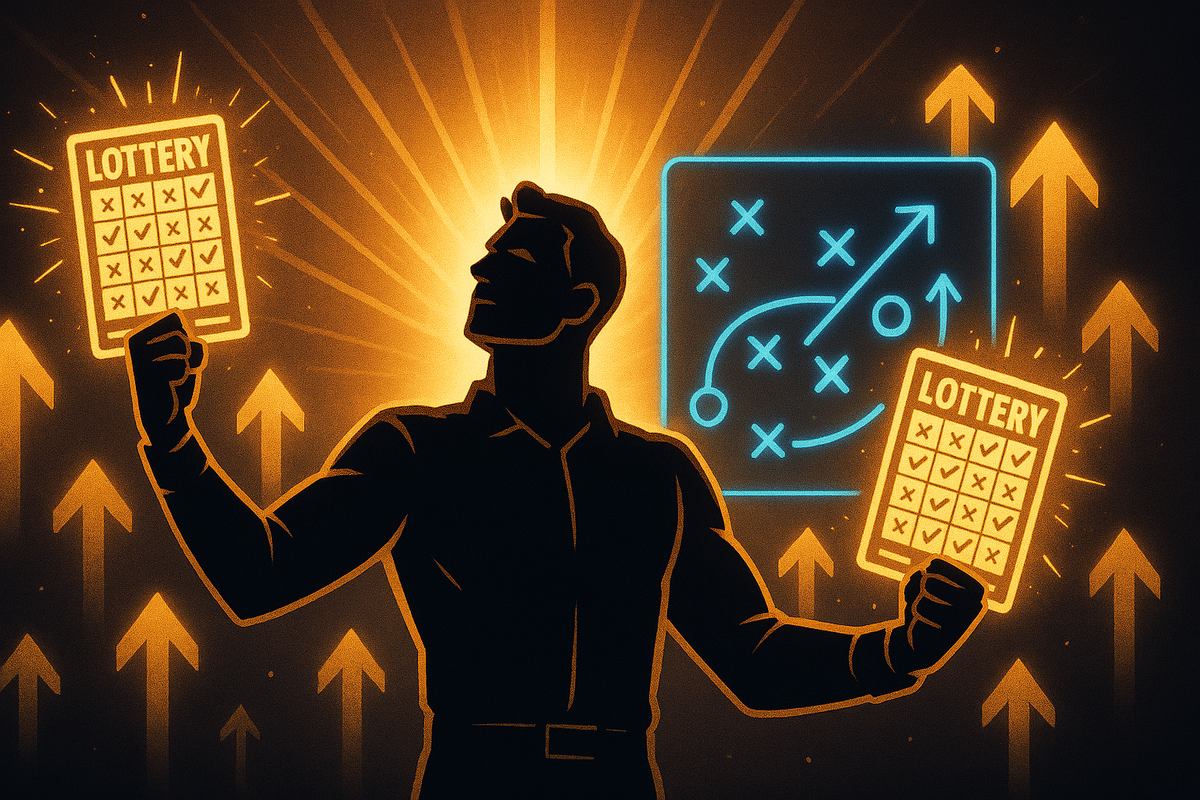 Heroic figure holding multiple lottery slips in golden light with a strategy playboard and upward arrows—multi-apply tactics, timing hacks, rising win odds, hopeful momentum