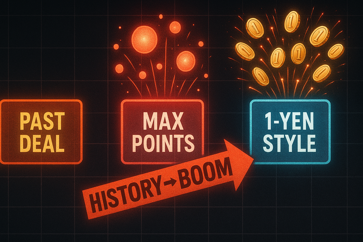 Explosive timeline panels reading “Past Deal → Max Points → 1-Yen Style” with fireworks—history-proven promos surging toward a boom, thrilling savings momentum for OPPO A5x