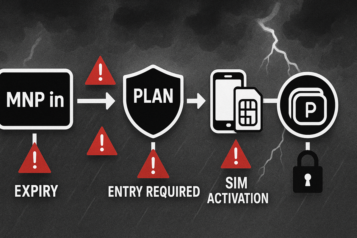 Stormy warning flowchart—MNP in → plan entry → SIM activation → points lock—spotlighting hidden pitfalls and strict conditions in the Rakuten Mobile switch campaign, tense caution energy