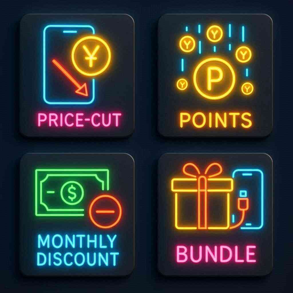 Four glowing perk tiles—Price-Cut, Points rain, Monthly Discount, Bundle gift—crystal-clear preview of OPPO A5x campaign patterns, joyful neon savings energy