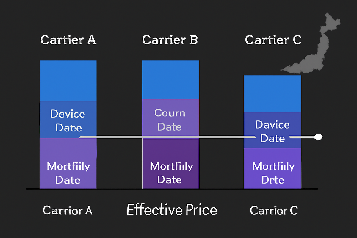Side-by-side carrier cost bars with “Effective Price” line and a small Japan silhouette—why Rakuten can land the lowest real cost versus rivals, calm yet decisive comparison