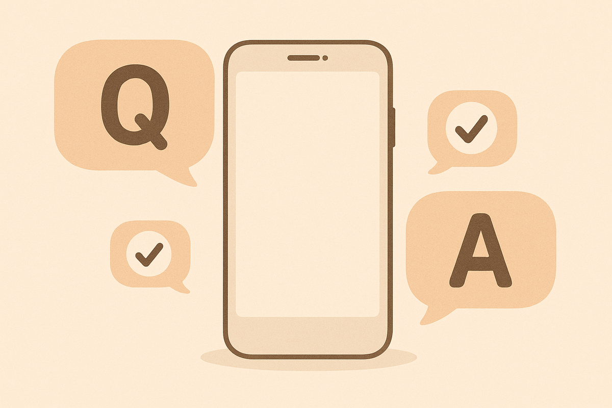 Minimal phone surrounded by “Q” and “A” chat bubbles with checkmarks—fast answers to OPPO A5x × Rakuten Mobile switch questions, warm reassurance and zero-stress guidance